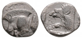 Greek
MYSIA, Kyzikos (Circa 450-400 BC)
AR Obol (11.3mm, 0.9)
Obv: Forepart of boar left; to right, tunny upward.
Rev: Head of roaring lion left withi...