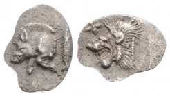 Greek
MYSIA, Kyzikos (Circa 450-400 BC)
AR Hemiobol (10.8mm, 0.3g)
Obv: Forepart of boar left; to right, tunny upward.
Rev: Head of roaring lion left;...