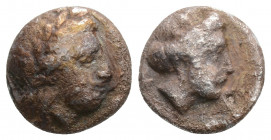 Greek
LESBOS, Mytilene (Circa 400-350 BC)
AR Diobol (10.3mm, 1.2g)
Obv: Laureate head of Apollo right.
Rev: Female head right.
SNG Copenhagen 367.