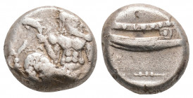 Greek
PHOENICIA, Arados (Circa 400-380 BC)
AR Drachm (15.1mm, 3.1g)
Obv: ('ma' in Aramaic) Ba'al-Arwad right, holding a dolphin in each hand.
Rev: Gal...