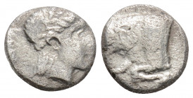 Greek
SATRAPS OF CARIA, Hecatomnus (Circa 395 – 377/6 BC)
ΑR Diobol (9.9mm, 1.2g)
Obv: Laureate head of Apollo r. 
Rev: Forepart of bull l., E on its ...