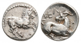 Greek
CILICIA, Kelenderis (Circa 3rd century BC)
AR Obol (9.5mm, 0.8g)
Obv: Horse rearing right.
Rev: KEΛ. Goat kneeling left, head right.
Göktürk 8; ...