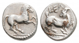 Greek
CILICIA, Kelenderis (Circa 3rd century BC)
AR Obol (9.4mm, 0.8g)
Obv: Horse rearing right.
Rev: KEΛ. Goat kneeling left, head right.
Göktürk 8; ...