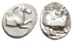 Greek
CILICIA, Kelenderis (Circa 410-375 BC)
AR Obol (10mm, 0.8g)
Obv: Forepart of Pegasos right.
Rev: KEΛ.
Goat kneeling right, head left.
Göktürk 7;...