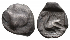 Greek
CILICIA, Mallos (Circa 385-333 BC) 
AR Obol (10.4mm, 0.8g)
Obv: Astragalos.
Rev: MA,Swan standing left, wings open.
SNG France 385; SNG von Aulo...