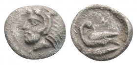 Greek
CILICIA, Mallos (Circa 385-375 BC)
AR Hemiobol (7.2mm, 0.3g)
Obv: Bearded head of Herakles left, wearing lion skin.
Rev: Swan standing left, hea...