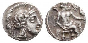 Greek
CILICIA, Uncertain mint (Circa 4th century BC)
AR Obol (9mm, 0.6g)
Obv: Helmeted head of Athena right.
Rev: Baaltars seated right on throne, eag...