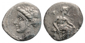 Greek 
CILICIA, Mallos (Circa 385-375 BC)
AR Obol (10.4mm, 0.6g)
Obv: Baaltars seated right on throne, holding grapes, grain ears and sceptre.
Rev: La...