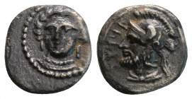Greek
CILICIA, Tarsos, Tarkumuwa (Datames) (Satrap of Cilicia and Cappadocia,) (Circa 384-361/0 BC)
AR Obol (9.7mm, 0.6g)
Obv: Bearded and helmeted he...
