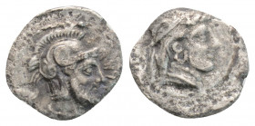 Greek
CILICIA, Tarsos, Datames, Satrap of Cilicia and Cappadocia (Circa 384-360 BC)
AR Obol (9.7mm, 0.5g)
Obv: Female bust right, wearing loop earring...
