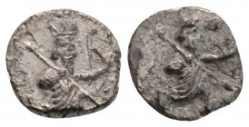 Greek
CILICIA, Uncertain (Circa 4th century BC)
AR Obol (9.8mm, 0.5g)
Obv: The Persian Great King in kneeling-running stance right, holding spear in h...