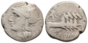 Roman Republic
M. Baebius Q.f. Tampilus (Circa 137 BC). 
AR denarius (3.5g 18.1mm)
Obv: Head of Roma left in winged helmet decorated with griffin cres...