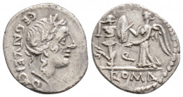 Roman Republic
C. Egnatuleius C. f. (97 BC) Rome
AR Quinarius(15.7mm, 1.6g)
Obv: Laureate head of Apollo to right; C•EGNATVLEI•C•F• (partially ligate)...