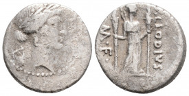 Roman Republic
P. Clodius M.f. Turrinus (42 BC) Rome.
AR denarius (17.8mm, 3.5g) 
Obv: Laureate head of Apollo right; lyre in left field 
Rev: P•CLODI...