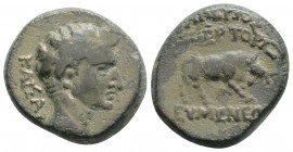 Roman Provincial
PHRYGIA, Eumenea, Tiberius (14-37 AD)
AE Bronze (18.2mm, 4.4g)
Obv: ΚΑΙΣΑΡ. Bare head of Tiberius (?), r.
Rev: ΟΥΑΛΕΡΙΟΣ ΖΜΕΡΤΟΡΙΞ ΕΥ...