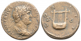 Roman Imperial 
Hadrian (117-138 AD) Rome
AE Semis (19.5mm, 4.3g)
Obv: Laureate, draped bust right,
Rev: COS III, lyre, SC in ex. 
RIC 688, McAlee 547...