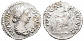 Roman Imperial 
Faustina II (147-175/6 AD) Rome
AR Denarius (19mm, 3.2g)
Obv: FAVSTINA AVGVSTA. Diademed and draped bust right.
Rev: IVNONI REGINAE. J...