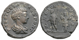 Roman Imperial
Geta (198-209 AD) Rome
AR Denarius (18.4mm, 3.1g)
Obv: P SEPT GETA-CAES PONT, bare headed, draped, and cuirassed bust of Geta right, se...