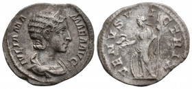 Roman Imperial 
Julia Mamaea (222-235 AD) Rome
AR Denarius (19.3mm, 2.9g)
Obv: IVLIA MAMAEA AVG. Draped bust right, wearing stephane.
Rev: VENVS VICTR...