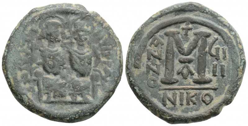 Byzantine
Justin II, with Sophia (573/4 AD) Nicomedia
AE Nummi (30.6mm, 14.1g)
O...