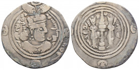 Medieval
Sasanian Kings, Husrav (Khosrau) II. (591-628 AD)
AR Drachm (26.6mm, 2.6g)
Obv: Crowned bust right; 'pd in Pahlavi in outer margin.
Rev: Fire...