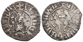 Medieval 
Armenia, Levon I (1198-1219 AD)
AR Tram. (22.5mm, 2.8g)
Obv: Crowned figure of Levon seated on throne ornamented with lions, holding cross a...
