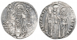 Medieval
ITALY, Venice, Giovanni Soranzo (1312-1328 AD).
Grosso (21.2mm, 2.1g)
Obv: IO SVPANTIO / DVX / S M VЄNЄTI. Doge and St. Mark standing facing,...
