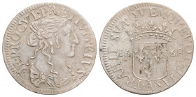 Medieval
Italy, Arquata, Filippo Spinola (1641-1667 AD) 
AR Luigino (20.6mm, 2.1g)
Obv: Draped bust right.
Rev: Crowned shield.
KM2, MIR23/2, Camm.00