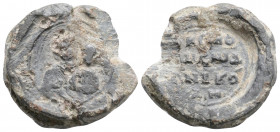 Byzantine Lead Seal (5th-7 th centuries)
Obv: Facing bust of the Virgin Mary
Rev: 4 (Four ) lines of text
(7,6 g 21,5 mm diameter)