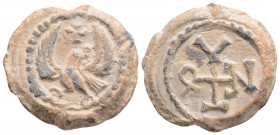 Byzantine Lead Seal (6th-7th centuries)
Obv: Eagle standing facing, head and tail right, wings spread; cross above
Rev: Cruciform monogram
(9,1 g, 22,...