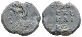 Byzantine lead seal. (8th-9th centuries).
Obv: Uncertain Saint
Rev : 4 (Four) lines text
(10.8g 23mm diameter)
