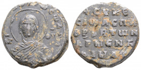 Byzantine Lead Seal (10-12 th century)
Obv: Facing bust of the Virgin Mary
Rev: 5 (five) lines of writing
(8,1 g, 221,7 mm diameter)