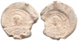 Byzantine lead seal. (10th-12th centuries).
Obv: Uncertain Saint
Rev: Uncertain Saint
(14,6g 27,7mm diameter)