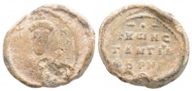 Byzantine Lead Seal (10th century)
Obv: Crowned bust of Constantine facing, holding globus cruciger and cross.. 
Rev: 3 (three) lines of text.
(10.1 g...