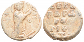 Seal
Byzantine Lead Seal (11-12 th century)
Obv: The Theotokos Hagiosoritissa (Virgin Mary) standing slightly right, orans; manus Dei to upper right.
...