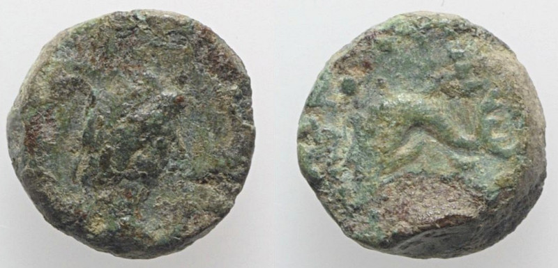 Gaul, Massalia, after 49 BC. Æ (10mm, 2.37g, 6h). Laureate head of Apollo r. R/ ...