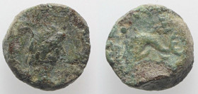 Gaul, Massalia, after 49 BC. Æ (10mm, 2.37g, 6h). Laureate head of Apollo r. R/ Dolphin l. Depeyrot 69. Green patina, near VF