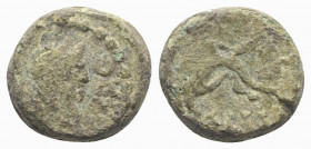 Gaul, Massalia, after 49 BC. Æ (10.5mm, 2.32g). Laureate head of Apollo r. R/ Dolphin(?) l. Cf. Depeyrot 69. Green patina, Good Fine