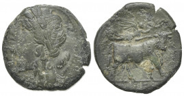 Northern Campania, Cales, c. 265-240 BC. Æ (19.5mm, 5.28g, 7h). Laureate head of Apollo l.; shield behind. R/ Man-headed bull walking r., being crowne...