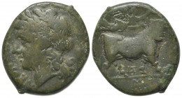 Southern Campania, Neapolis, c. 270-250 BC. Æ (20mm, 5.43g, 12h). Laureate head of Apollo l. R/ Man-headed bull standing r., being crowned by Nike who...
