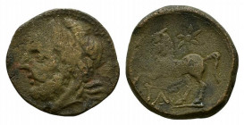 Northern Apulia, Arpi, c. 325-275 BC. Æ (16mm, 3.50g, 3h). Laureate head of Zeus l. R/ Horse rearing l.; star above, monogram below. HNItaly 644; SNG ...