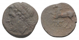 Northern Apulia, Arpi, c. 325-275 BC. Æ (14.5mm, 3.30g, 9h). Laureate head of Zeus l. R/ Horse rearing l.; star above, monogram below. HNItaly 644; SN...
