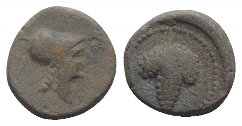 Northern Apulia, Arpi, c. 215-212 BC. Æ (15mm, 4.50g, 7h). Helmeted head of Athe...