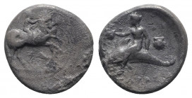 Southern Apulia, Tarentum, c. 365-355 BC. AR Nomos (21mm, 7.12g, 12h). Youth on horseback r. R/ Phalanthos, pointing l., astride dolphin l.; shell to ...