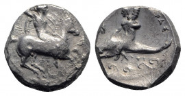 Southern Apulia, Tarentum, c. 290-281 BC. AR Nomos (19.5mm, 7.64g, 1h). Warror, preparing to throw spear and holding shield and two more spears, on ho...