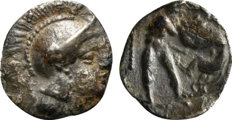 Southern Apulia, Tarentum, c. 325-280 BC. AR Diobol (13mm, 0.80g, 11h). Head of ...