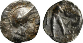 Southern Apulia, Tarentum, c. 325-280 BC. AR Diobol (13mm, 0.80g, 11h). Head of Athena r., wearing crested Attic helmet. R/ Herakles standing facing, ...