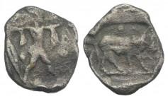 Northern Lucania, Poseidonia, c. 445-420 BC. AR Diobol (10.5mm, 0.70g, 12h). Poseidon walking r., wielding trident. R/ Bull standing r. HNItaly 1119. ...
