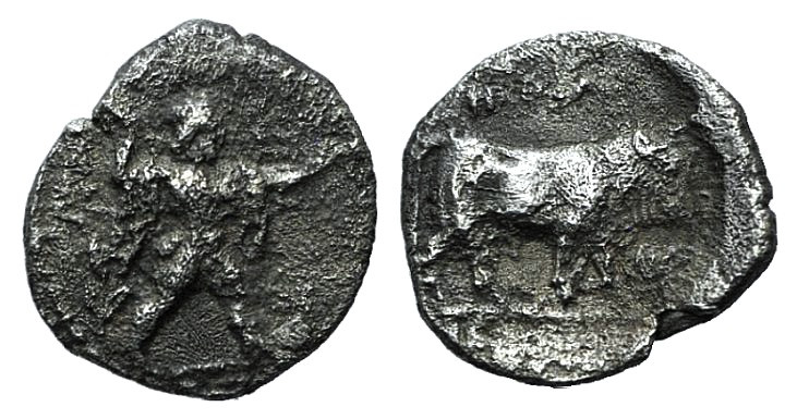 Northern Lucania, Poseidonia, c. 410-350 BC. AR Obol (9mm, 0.29g, 9h). Poseidon ...