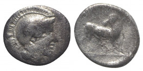 Southern Lucania, Thourioi, c. 443-400 BC. AR Obol (9mm, 0.70g, 5h). Helmeted head of Athena r. R/ Forepart of bull r., head facing. HNItaly 1779. Goo...